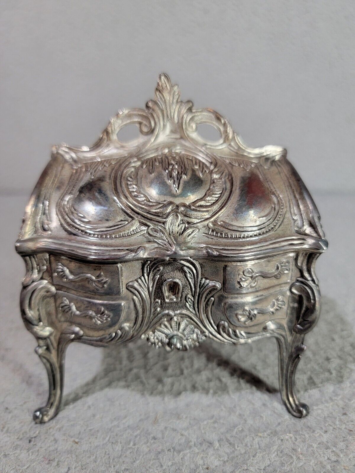 Vintage Ornate Desk Jewelry Box Trinket Casket Silverplate Art Nouveau Hinged