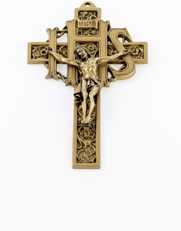 Pewter Filigree IHS Cross Crucifix with Antique Gold Tone Finish Decor, 9 Inch
