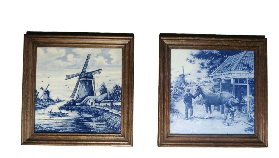 Set Of Two MOSA Delft tiles, paintings Holland,Framed Windmill And Blacksmith