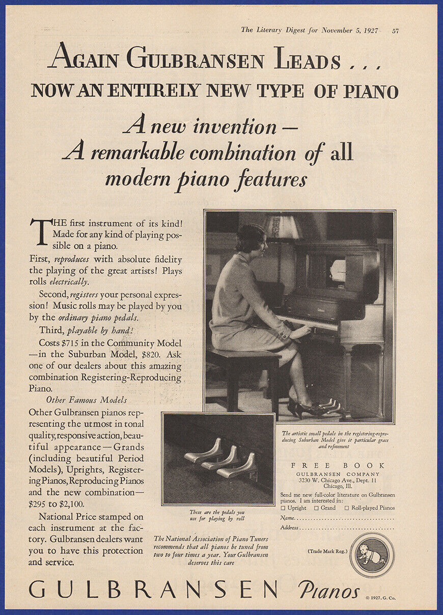 Vintage 1927 GULBRANSEN Pianos Grand Musical Instrument Ephemera 1920's Print Ad
