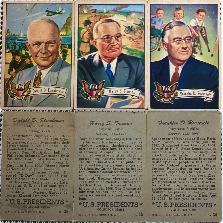 [VTG Cards] 1952 BOWMAN U.S. Presidents Card #34-36: FDR, Truman, Eisenhower