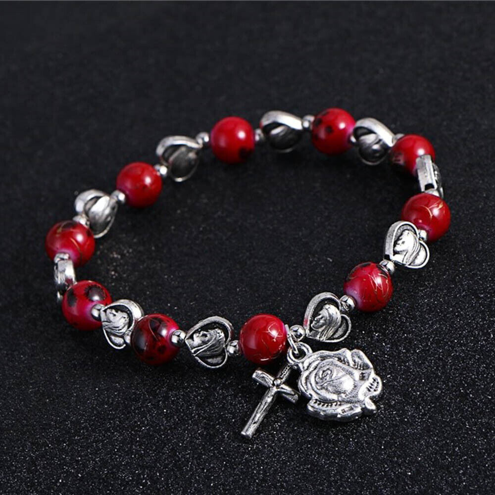 Virgin Mary Red Stone Beads Stretch Rosary Bracelet Ave Maria Rose Charm Cross