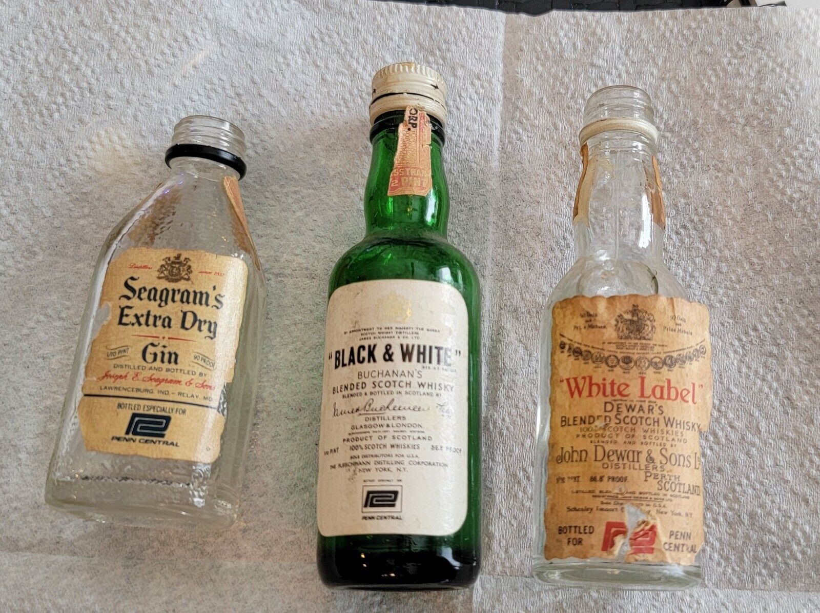 Three Empty Mini Liquor Bottles Made For Penn Central(rr), Seagrams,wt Label Etc