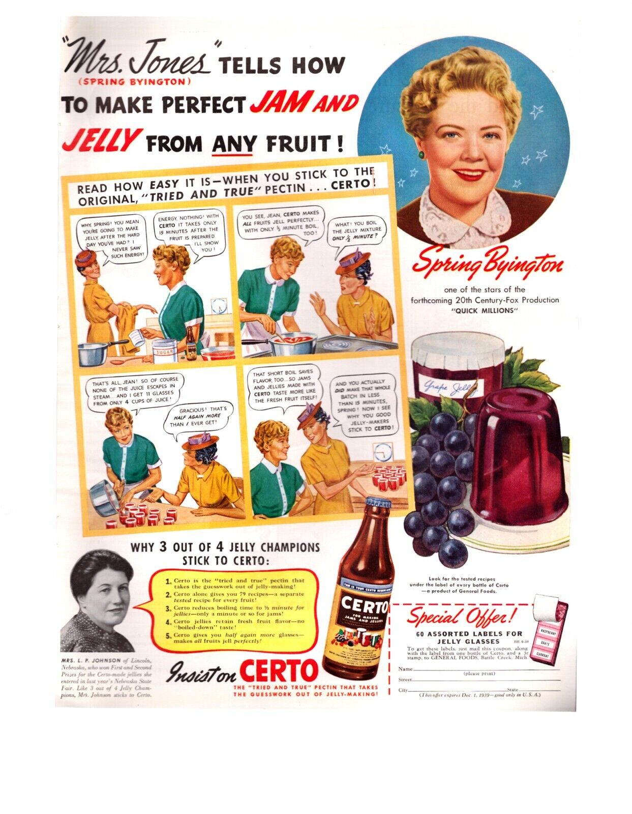 Vintage Print Ad 1939 Certo for Jam and Jelly Spring Byington Quick Millions
