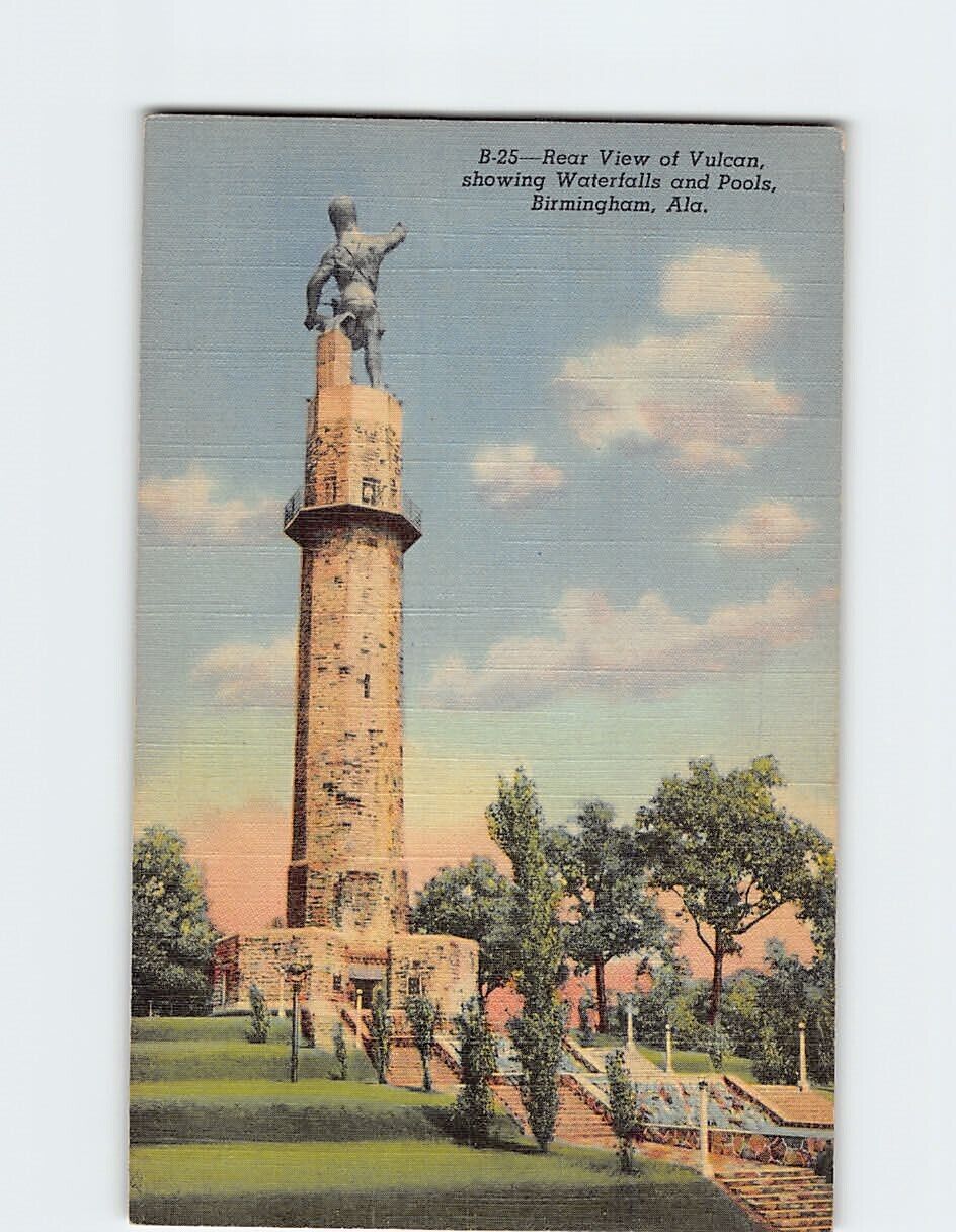 Postcard Rear View of Vulcan showing Waterfalls and Pools, Birmingham, Alabama