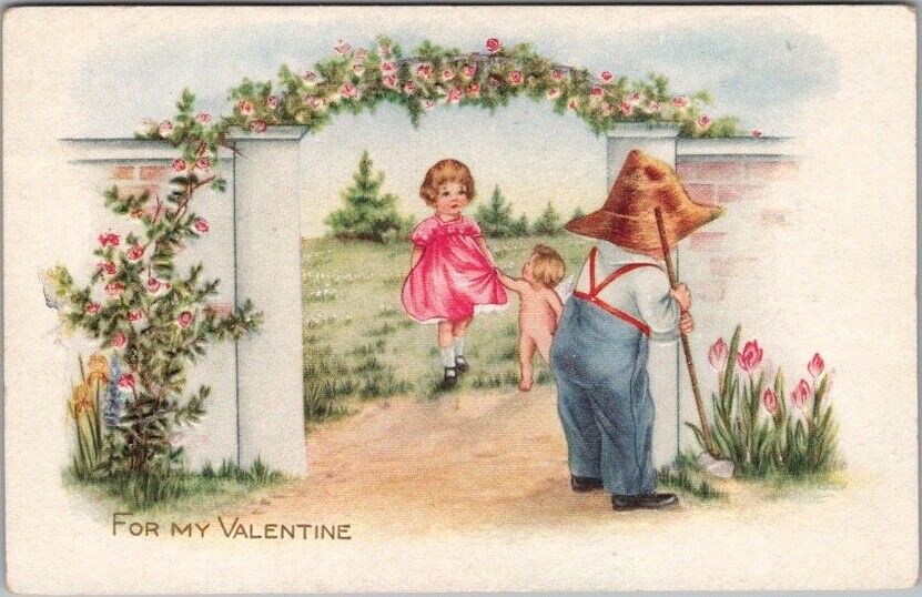 c1910s Whitney VALENTINE'S DAY Postcard Cupid Leading Girl to Boy in Garden