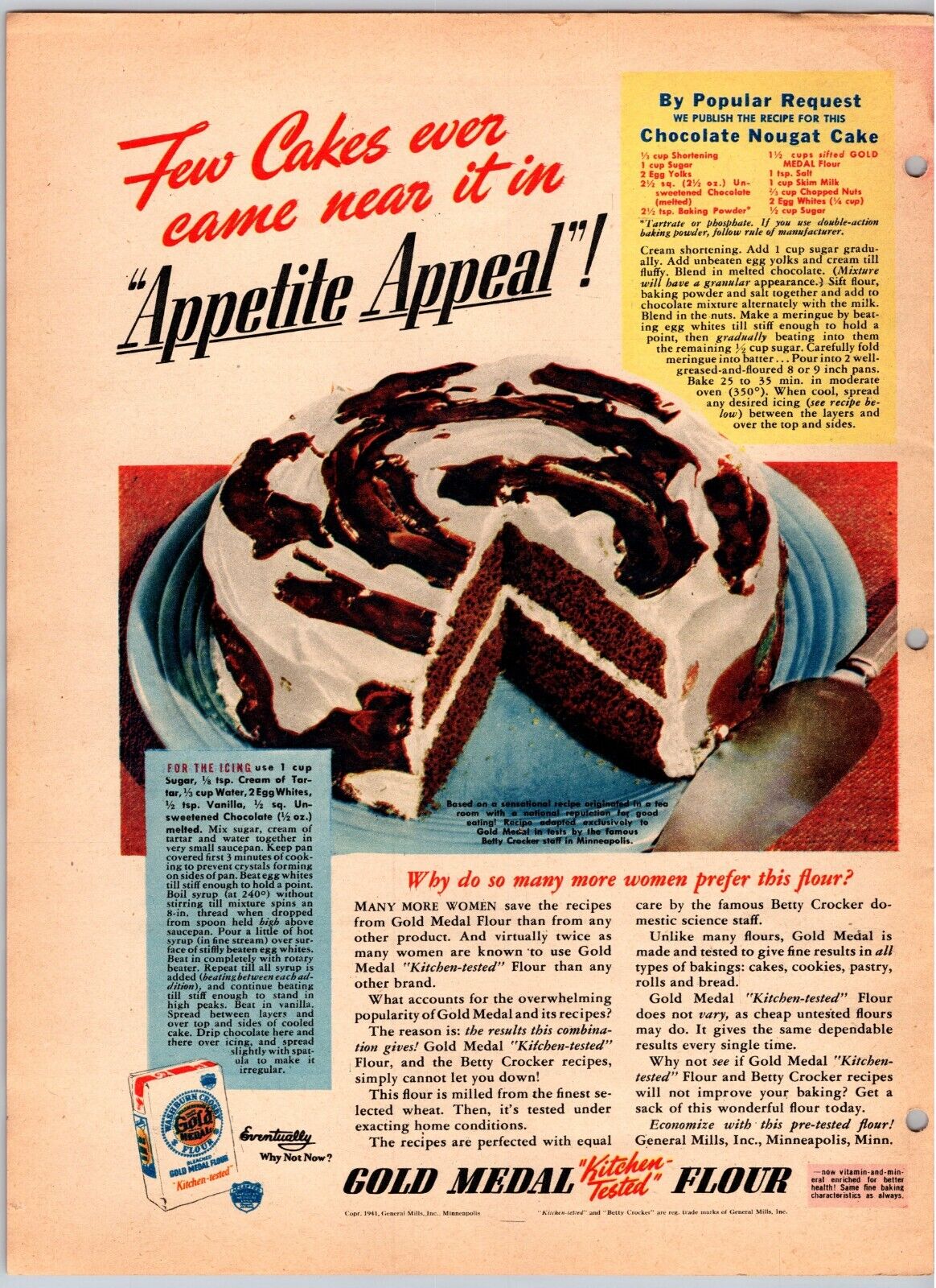 1941 Print Ad Gold Medal Flour Recipe Chocolate Nougat Cake Appetite Appeal