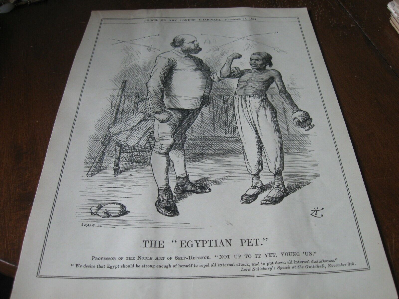 1891 Original POLITICAL CARTOON - SELF DEFENCE Boxing Boxer EGYPT not Ready yet