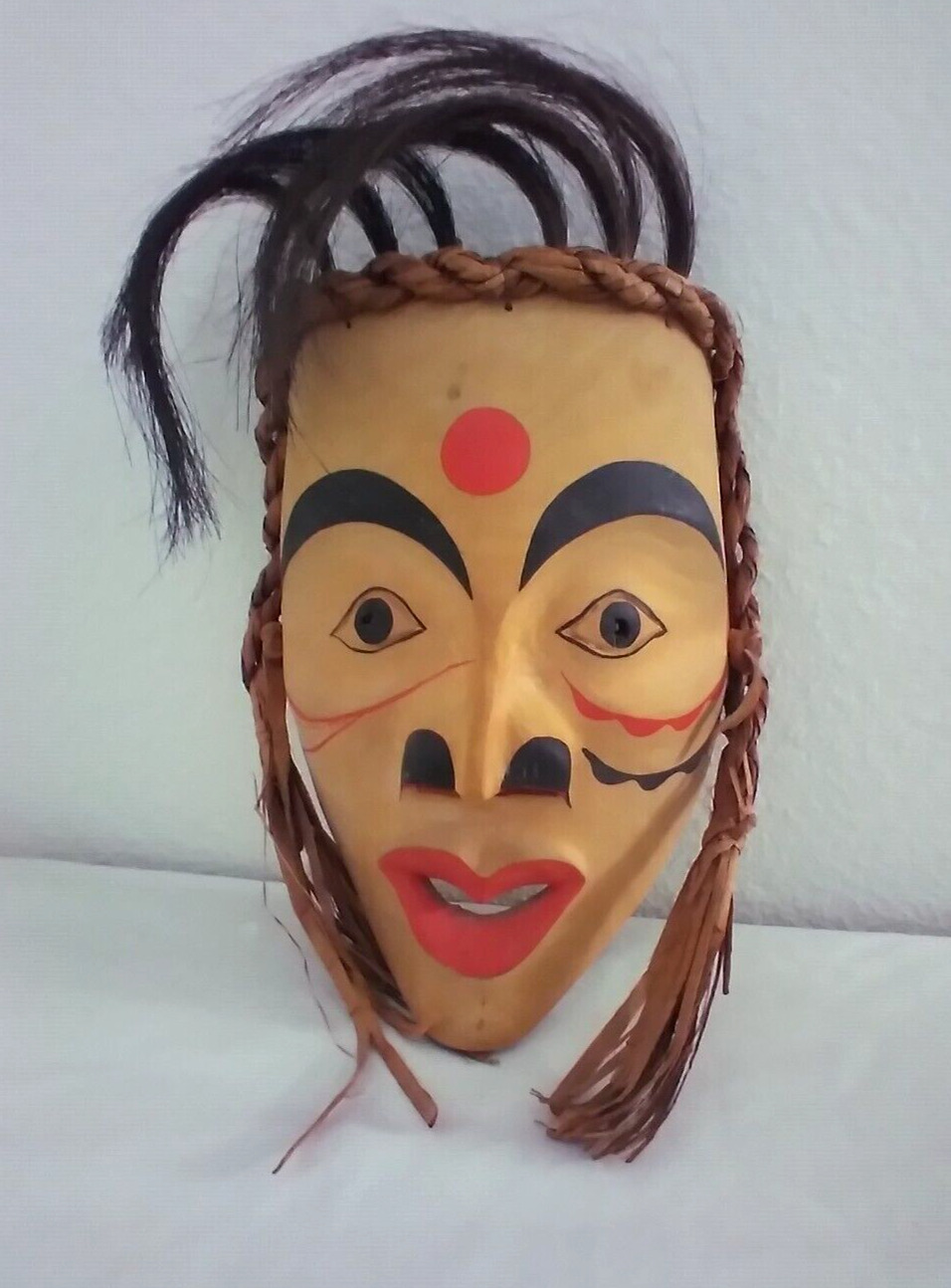 Rare NW Coast Tribal Salish Tree Weed Braised Hair Woman Wood Mask Signed B.C