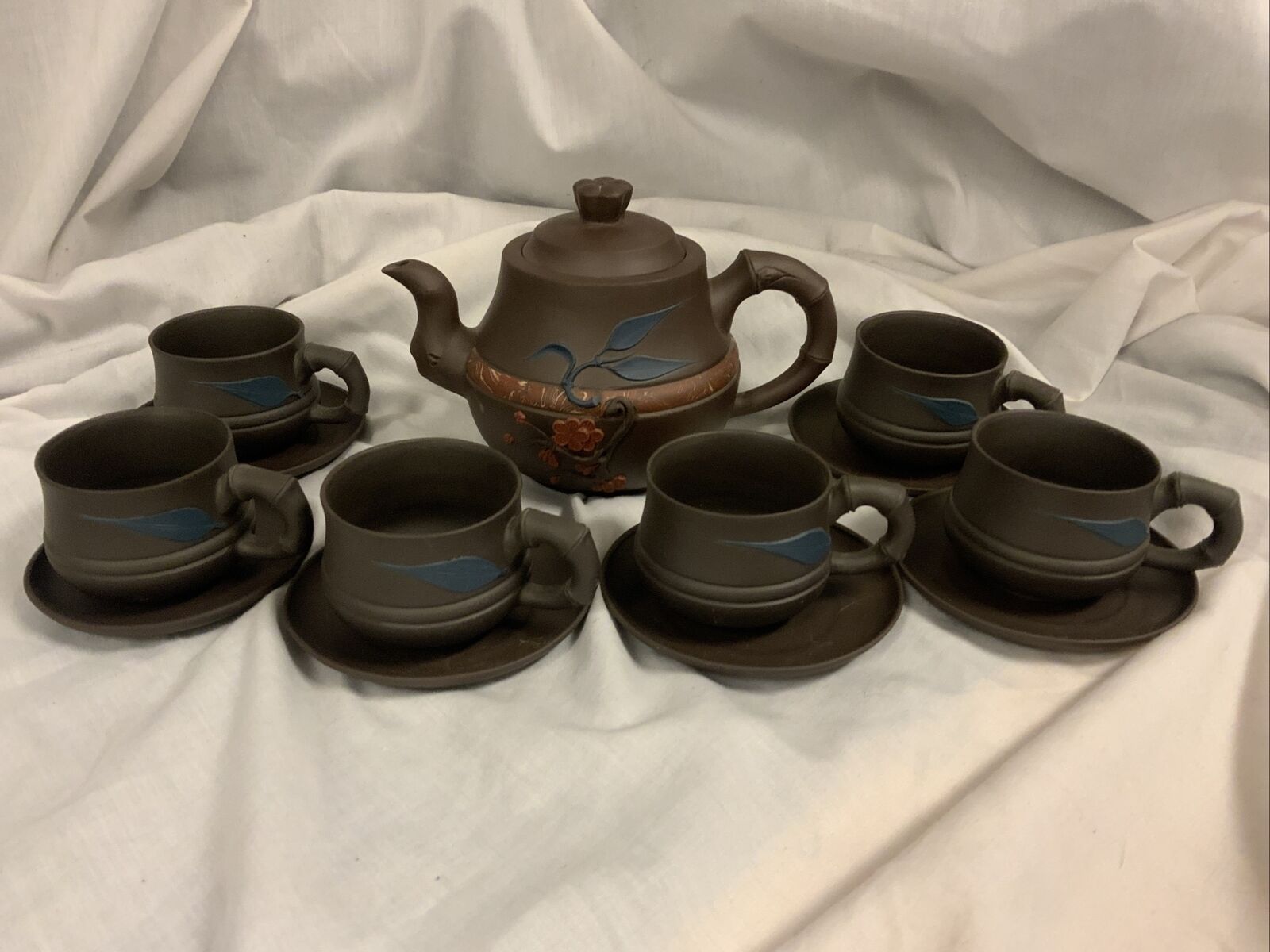 Yixing Oriental Teapot 6 Cups 7 Saucers Chinese Brown Clay Cherry Blossom Leaves