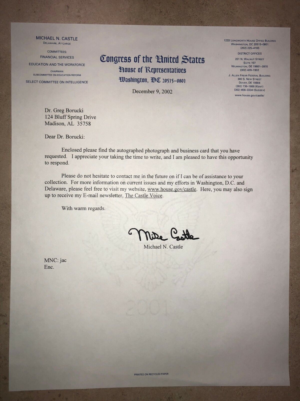 Delaware CONGRESSMAN: Michael Castle, SIGNED Official Letter