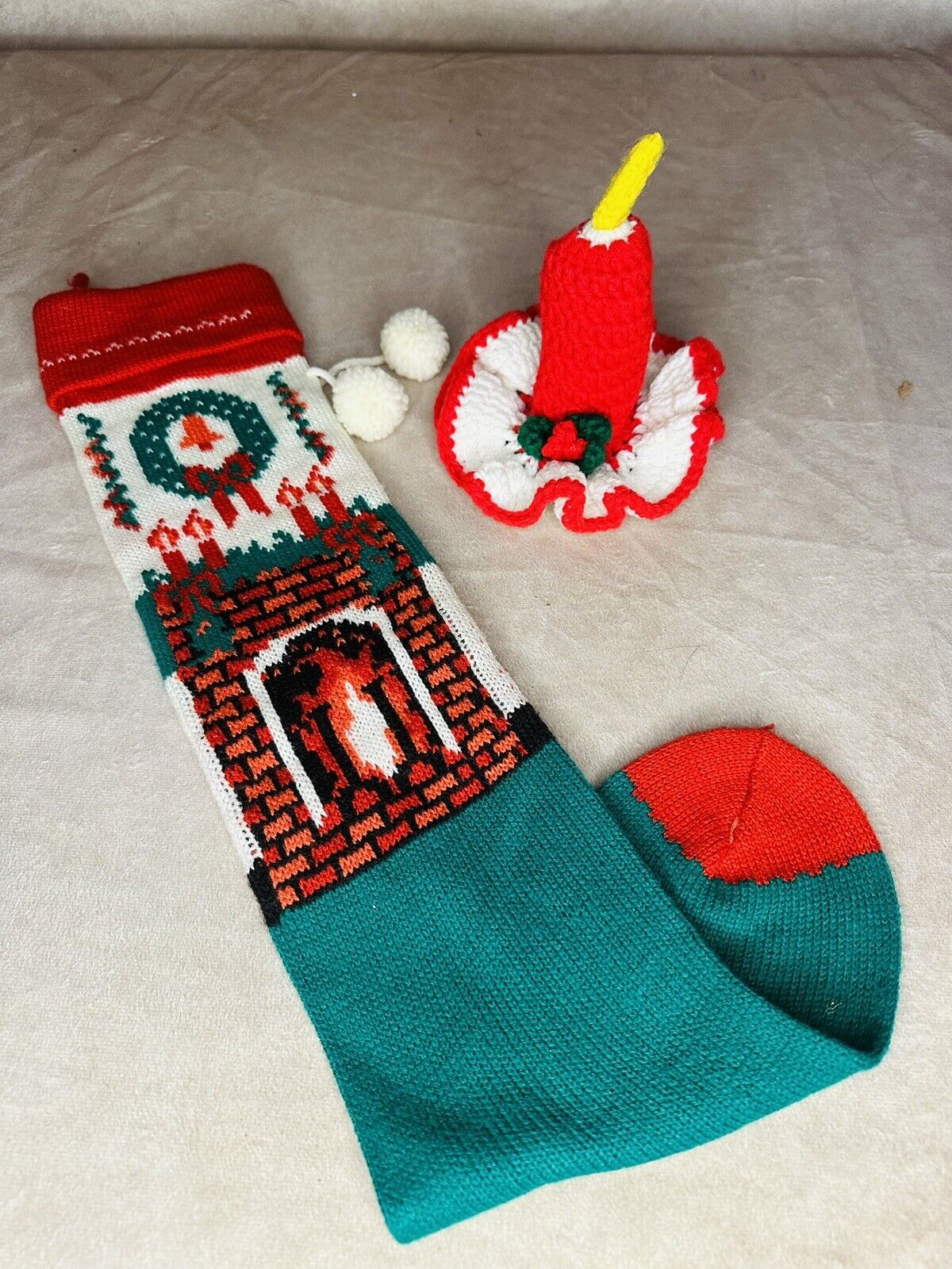 Vintage Crochet Christmas Decor ~ 1960s ~ Stocking And Crochet Candle
