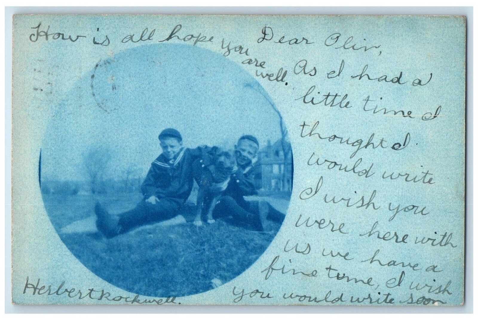 1906 Candid Cyanotype Boys Dog Herbert Rockwell Boston MA RPPC Photo Postcard