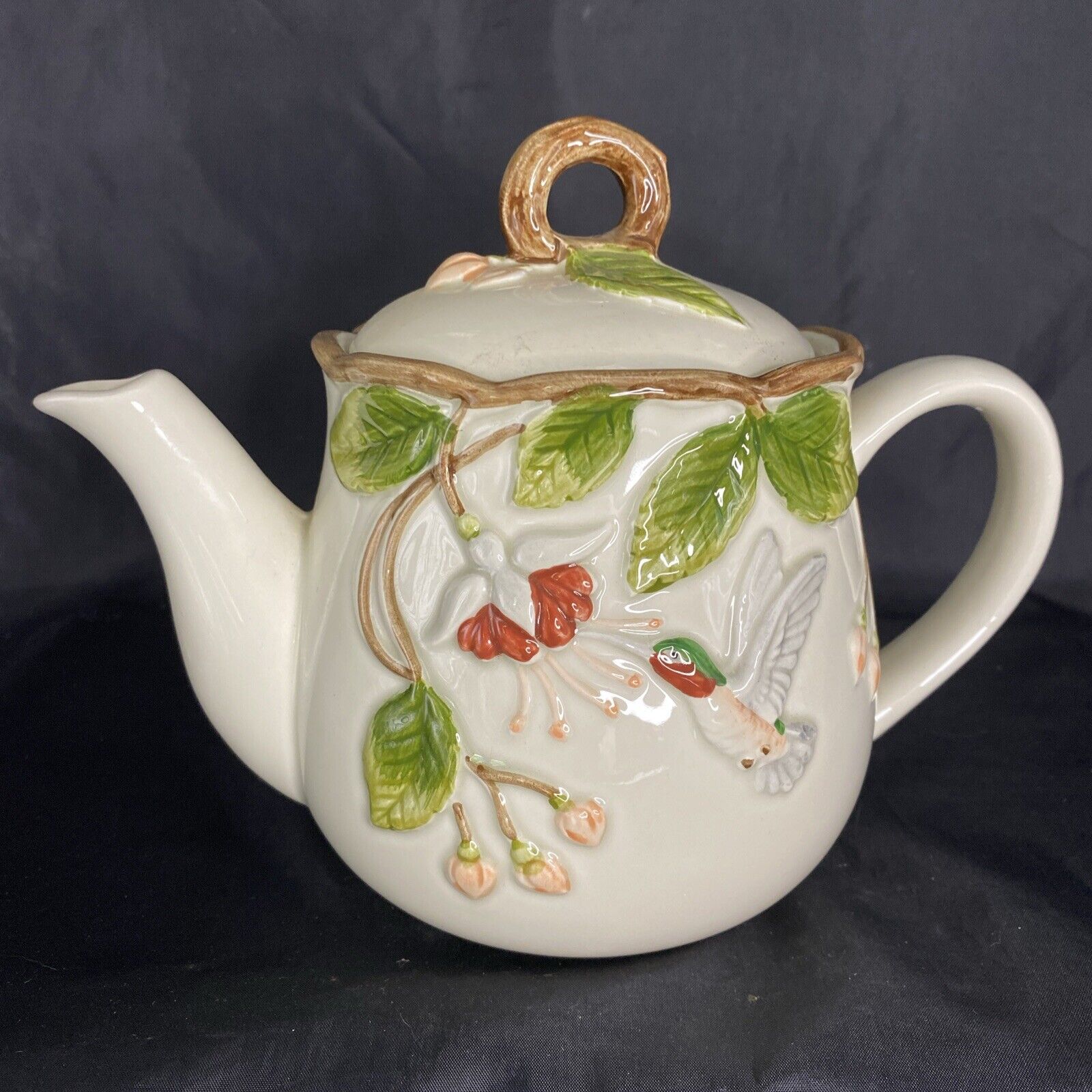 Vintage Otagiri Ceramic Tea Pot W Hummingbird And Fushias Hand Painted