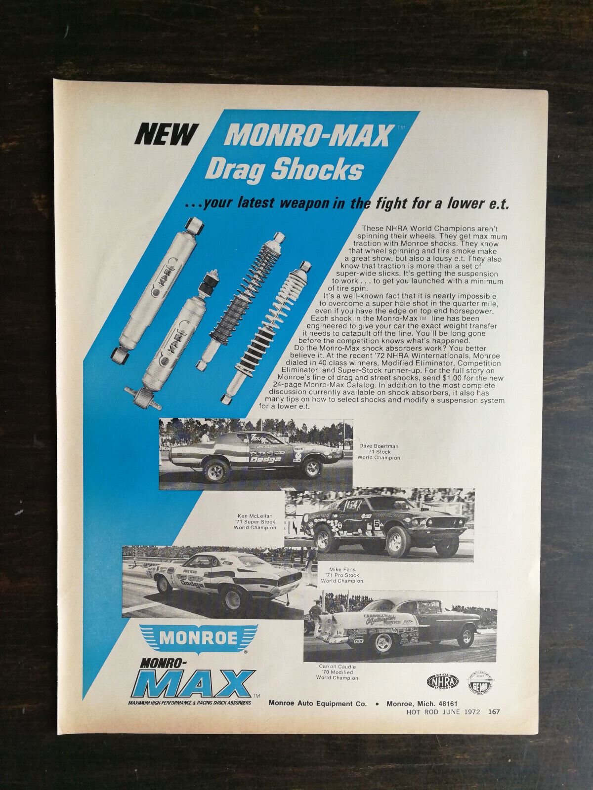 Vintage 1972 Monro-Max Drag Shocks Full Page Original Ad 1022