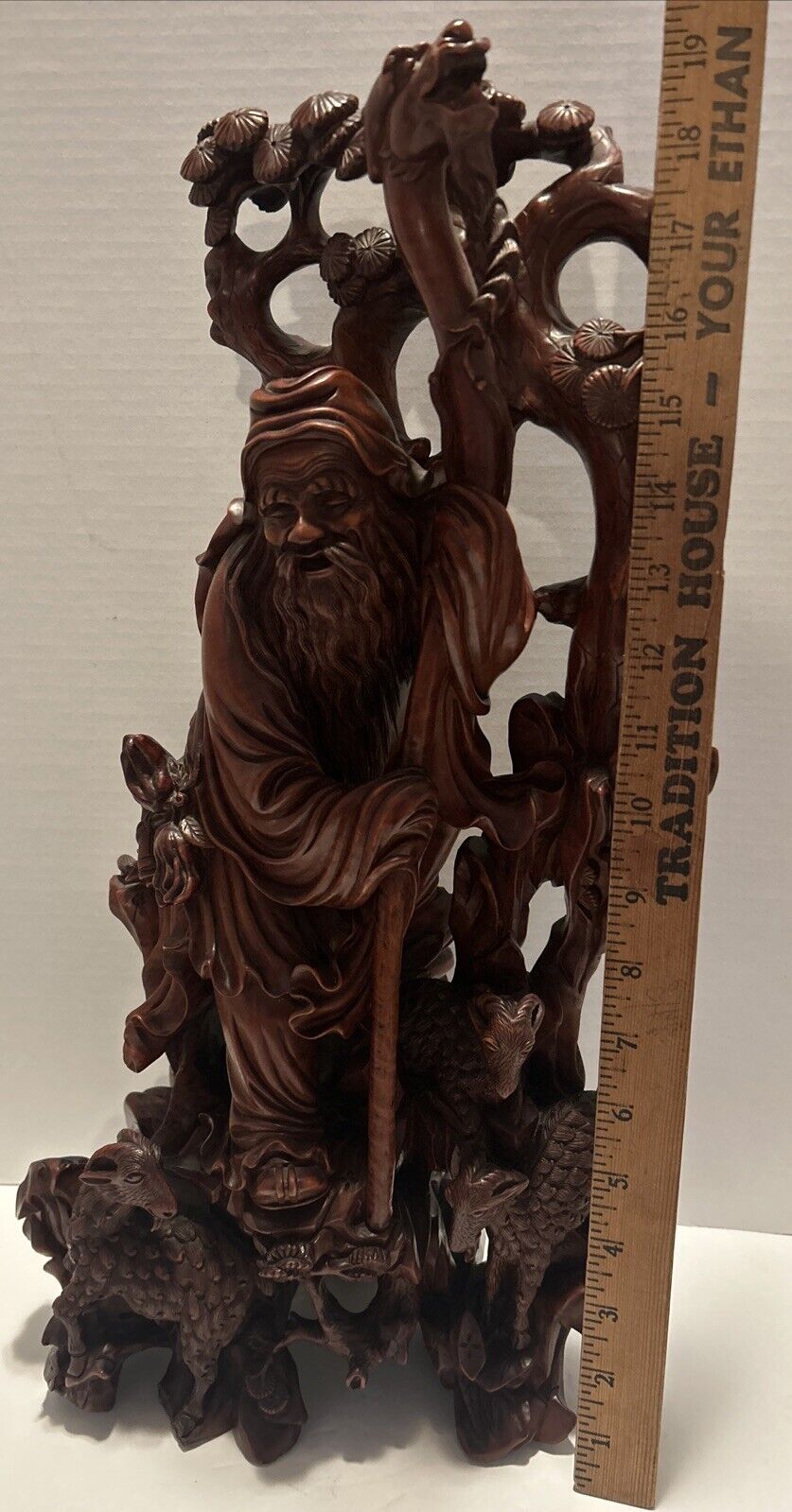 Vintage Asian Man With 3 Mountain Goats Wooden Sculpture 
