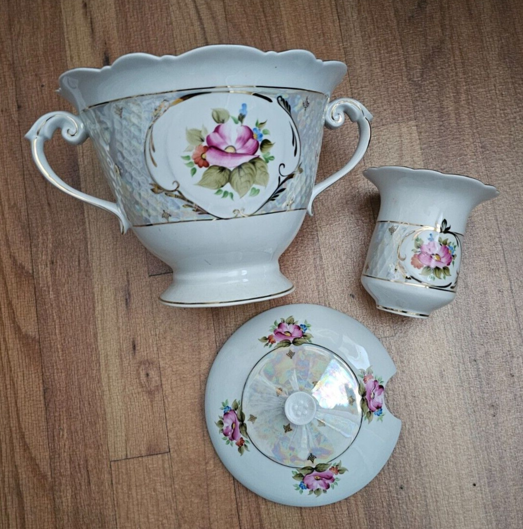 Unique Elegant Pearl Luster Ukrainian Porcelain Soup Tureen WITH Vase Set NEW