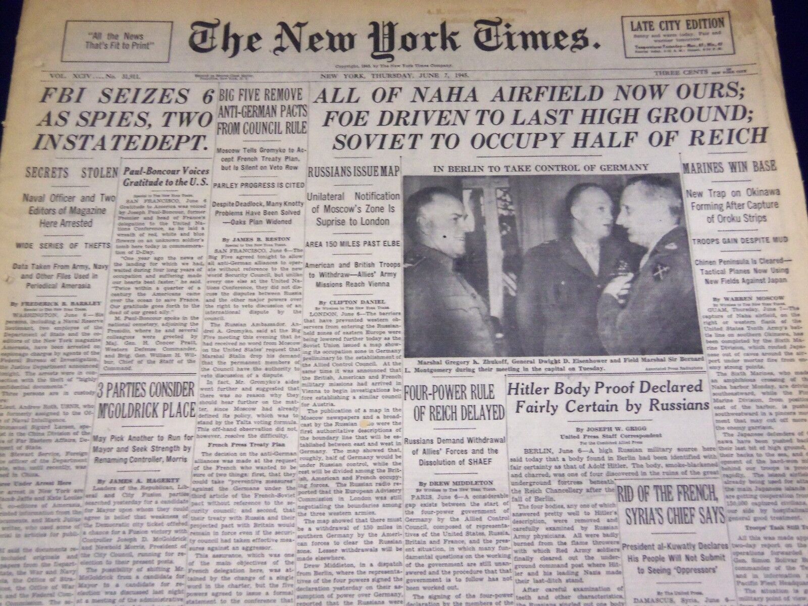 1945 JUNE 7 NEW YORK TIMES - F. B. I. SEIZES 6 AS SPIES, 2 IN STATE DEPT- NT 640