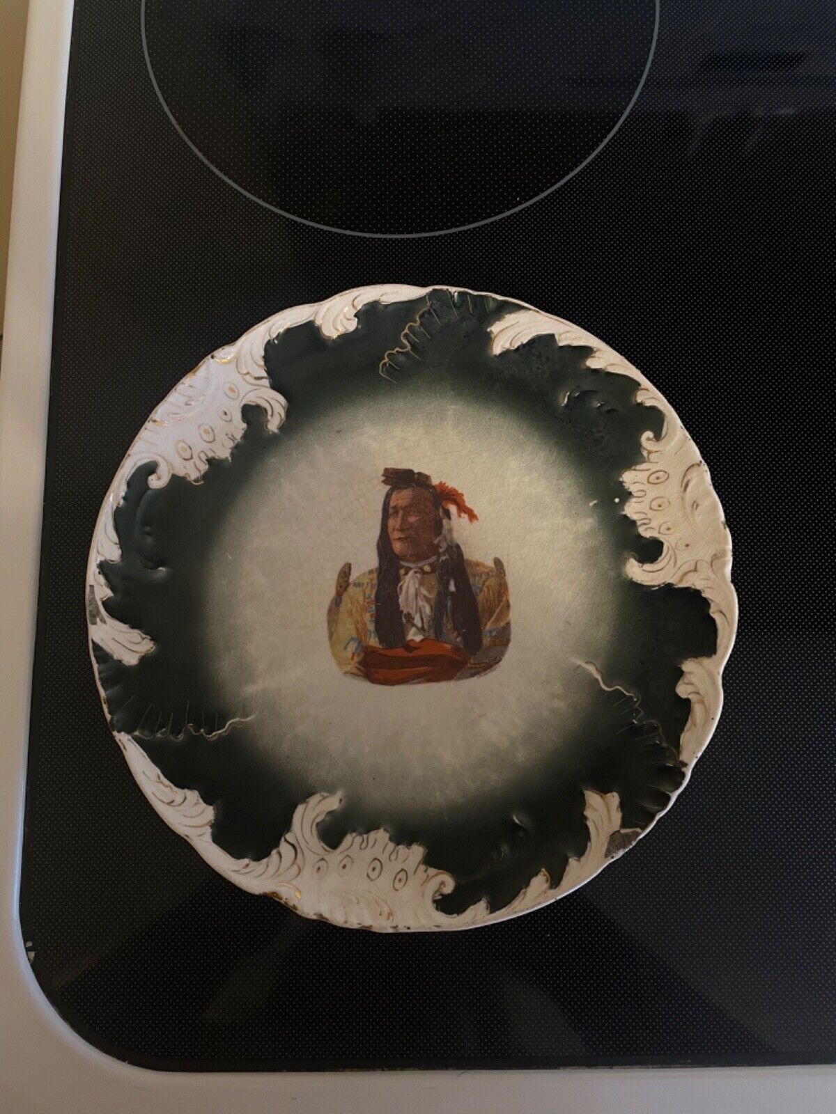 ANTIQUE CHIEF MOUNTAIN BLACKFEET TRANSFER DECORATED PLATE CHARGER SEMI PORCELAIN