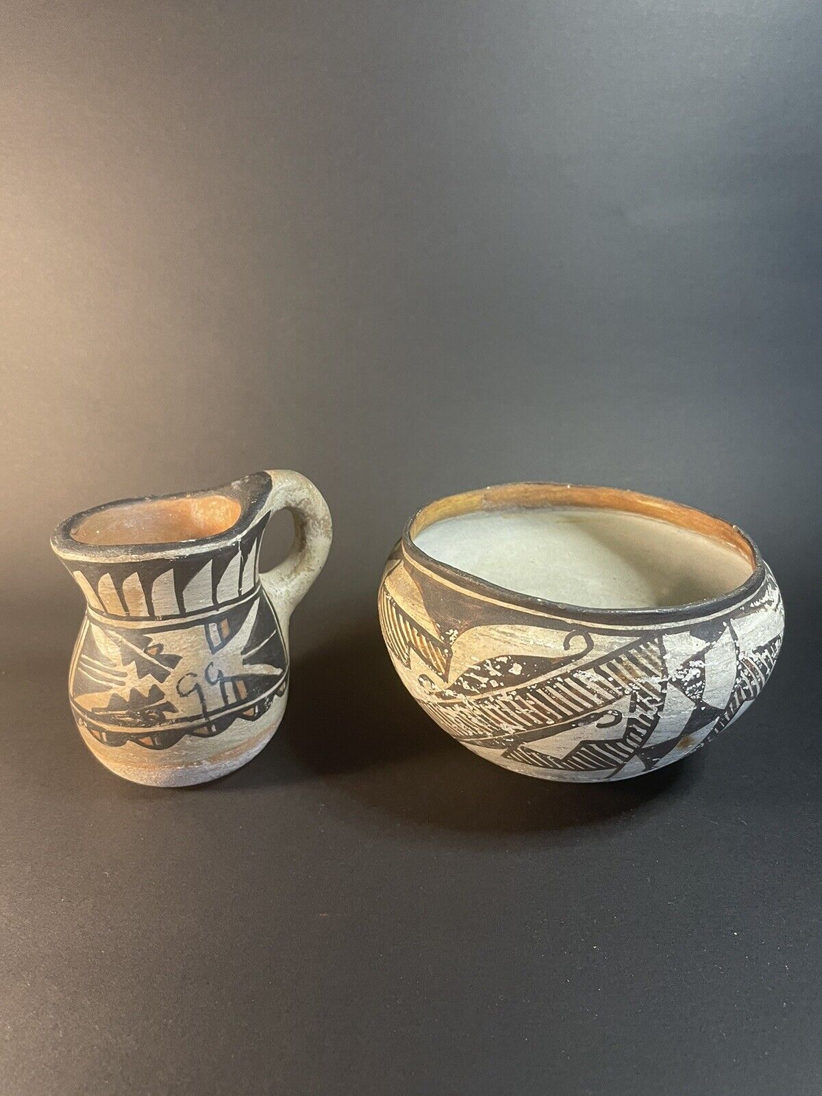 Two Vintage Native American Pottery Pieces Bowl & Pitcher Creamer-issues