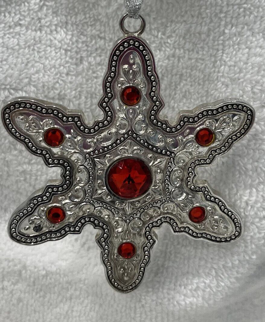 Vintage Towle  Snowflake Christmas Ornament With Ruby Colors Signed TOWLE