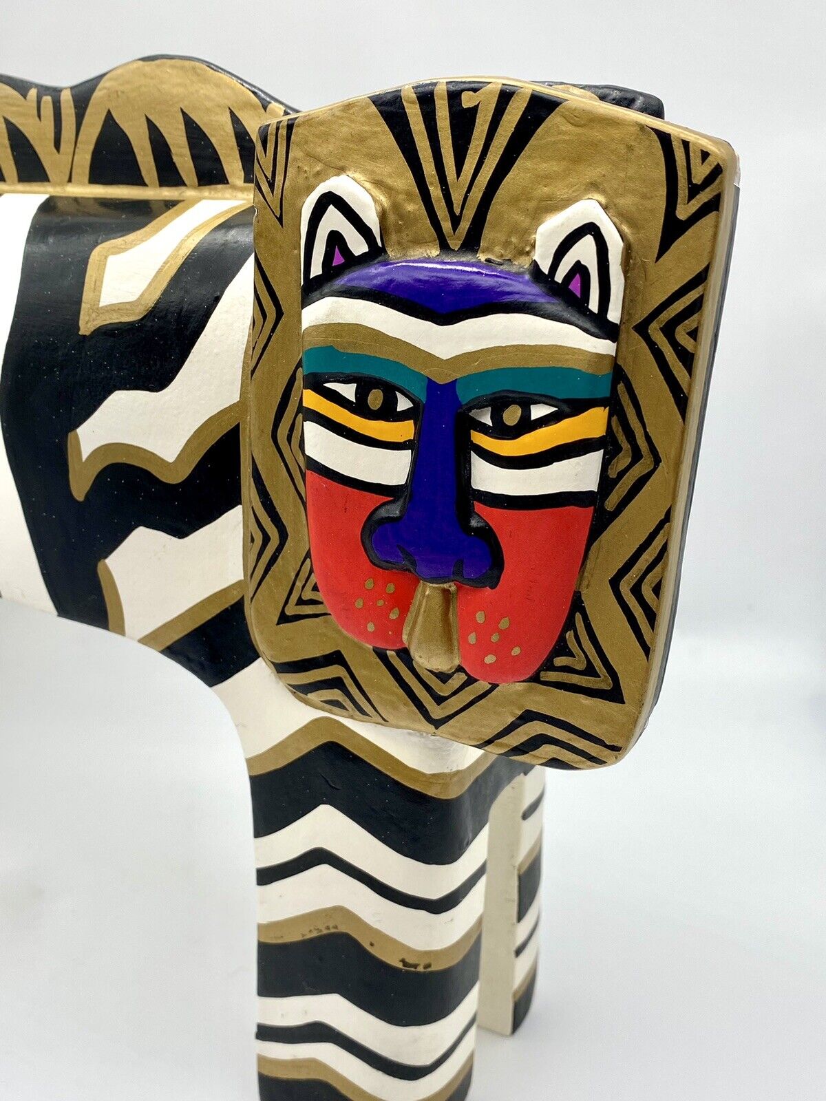 Painted Wood Cat Hand Carved Vintage Large 12” Laurel Burch Style Black White