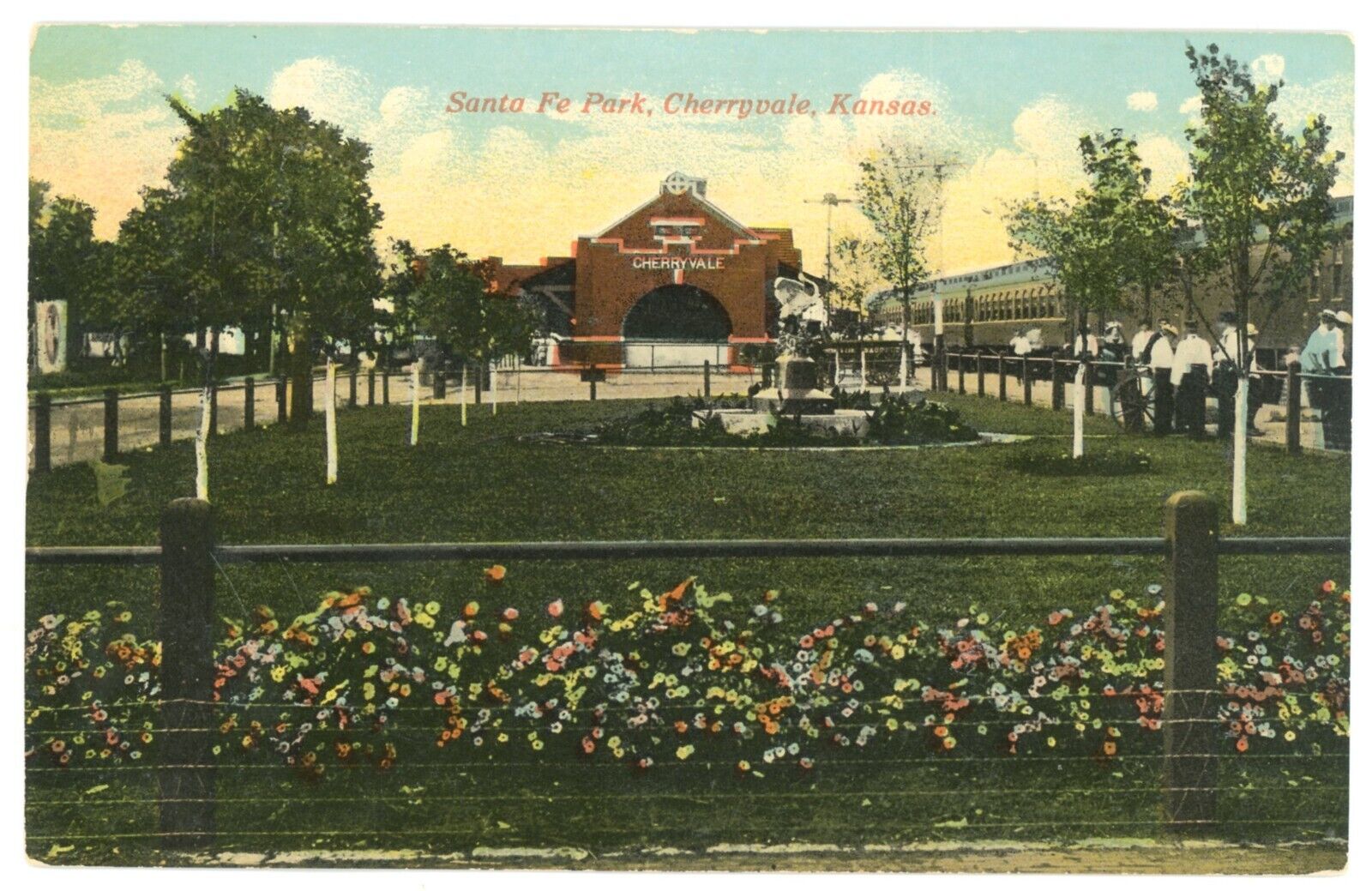 Postcard - Cherryvale, Kansas, Depot & Train at Santa Fe Park - C. 1910