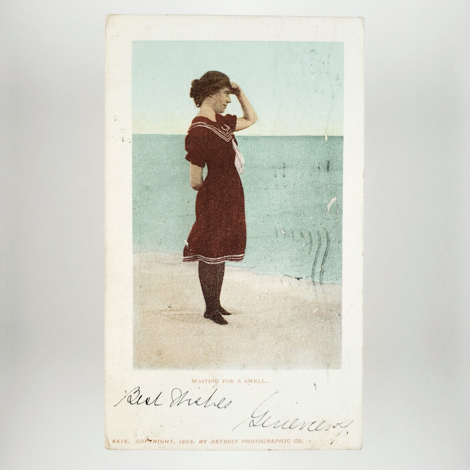 Girl Waiting for Ocean Swell Postcard c1903 Atlantic City Beach Beauty A3200