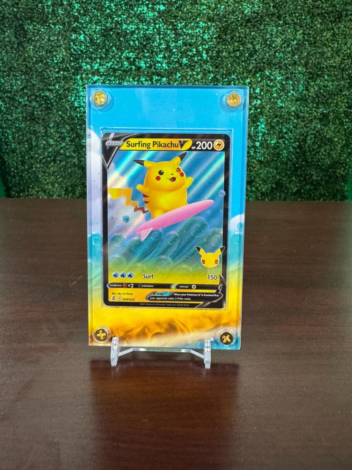 Pokemon Surfing Pika V Extended Art Trading Card Case Display CARD INCLUDED