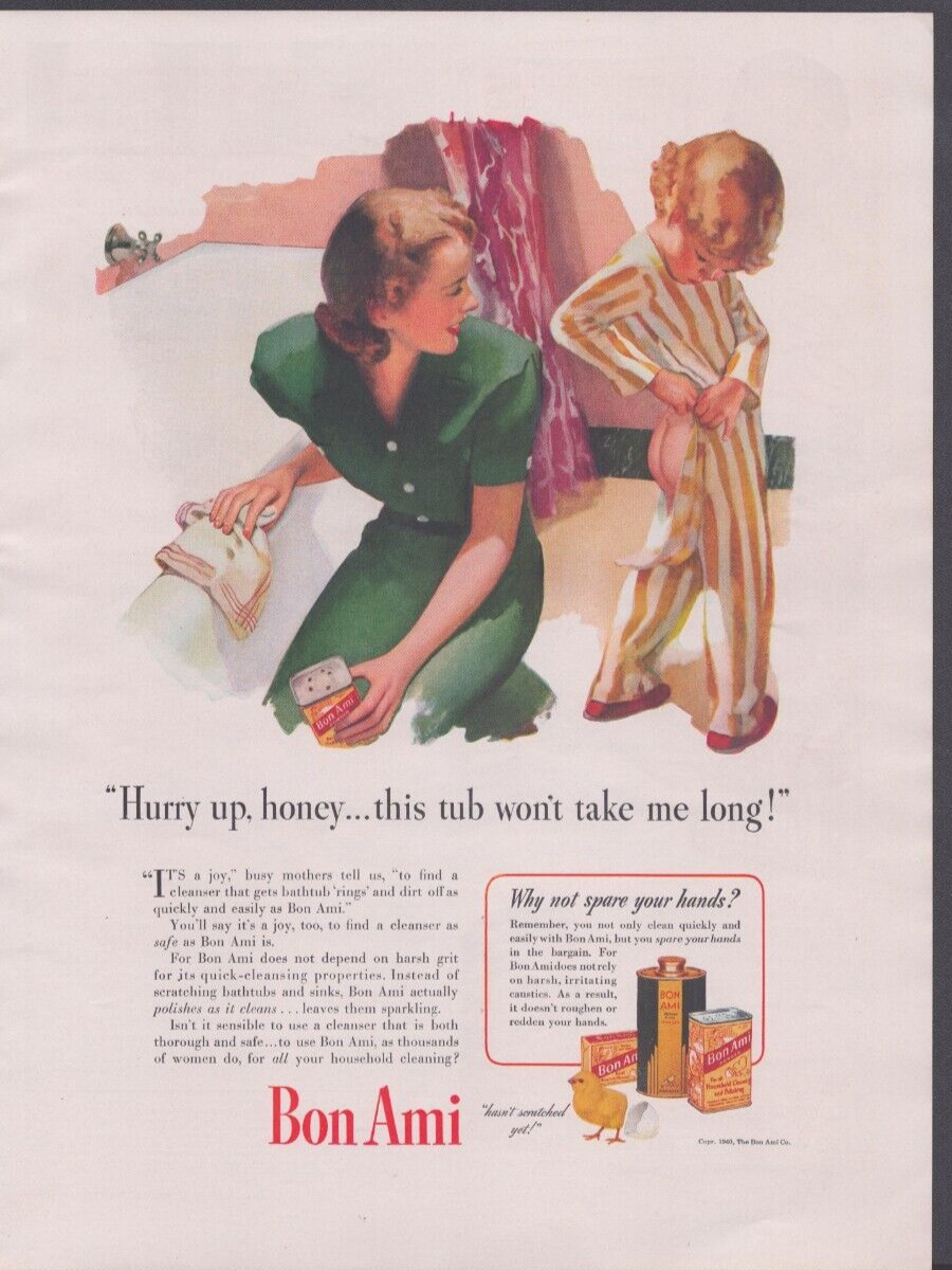 1941 Print Ad Bon Ami Hurry up,honey Illustration Mom Child Pajamas Bath Tub