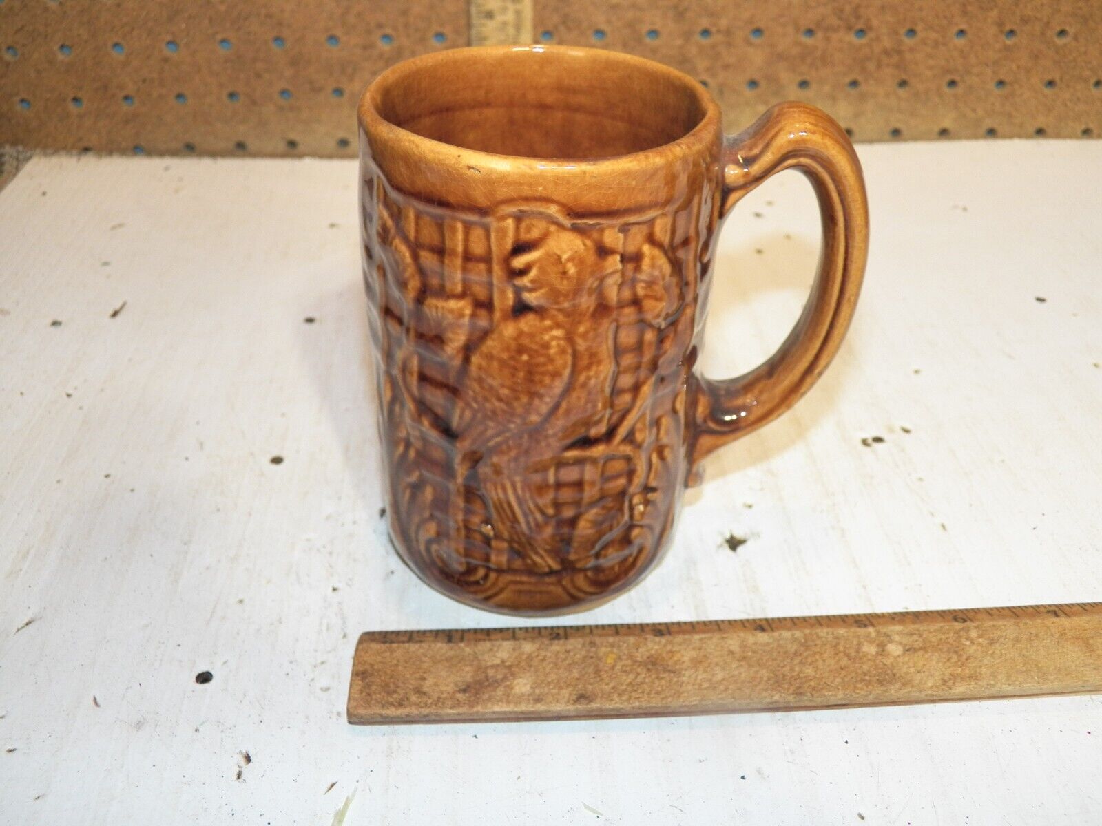 Vintage ROCKINGHAM BENNINGTON POTTERY Brown Beer Mug w/ Parrot Design