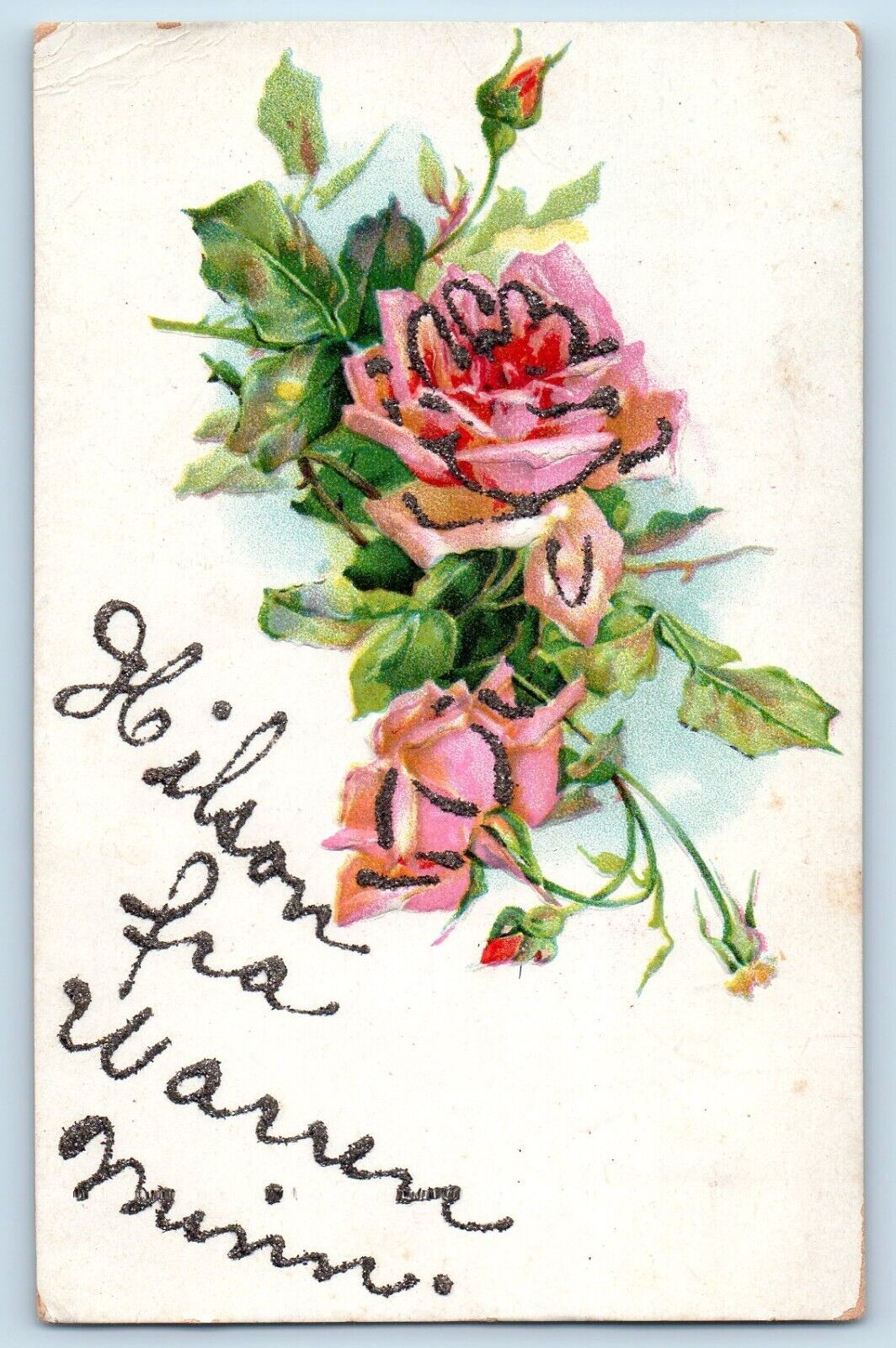 Warren Minnesota MN Postcard Rose Flower Embossed Glitter c1910 Vintage Antique