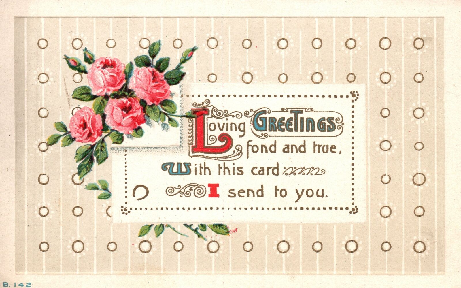 Vintage Postcard Loving Greetings Rose Flowers Dotted Background Wishes Card