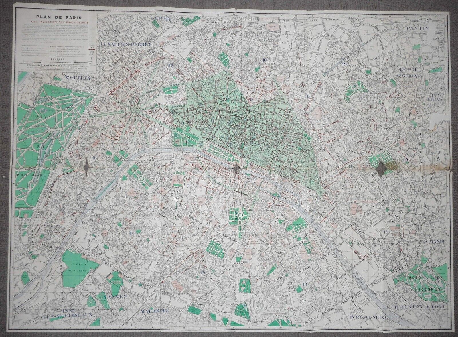 PARIS - MAP - AUGUST 1955 - ANTIQUE - COLOR STREET MAP -  FRANCE - Plan de Paris