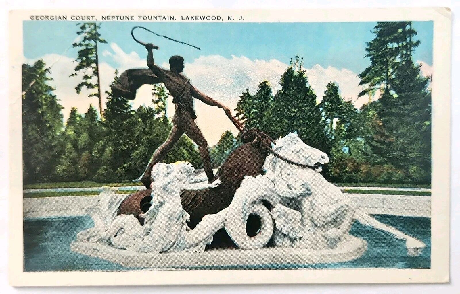 Postcard Lakewood NJ Neptune Fountain Georgian Court College New Jersey Linen PD