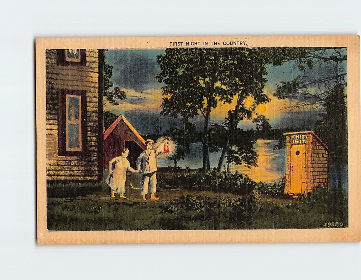 Postcard First Night In The Country Outhouse Couple Night
