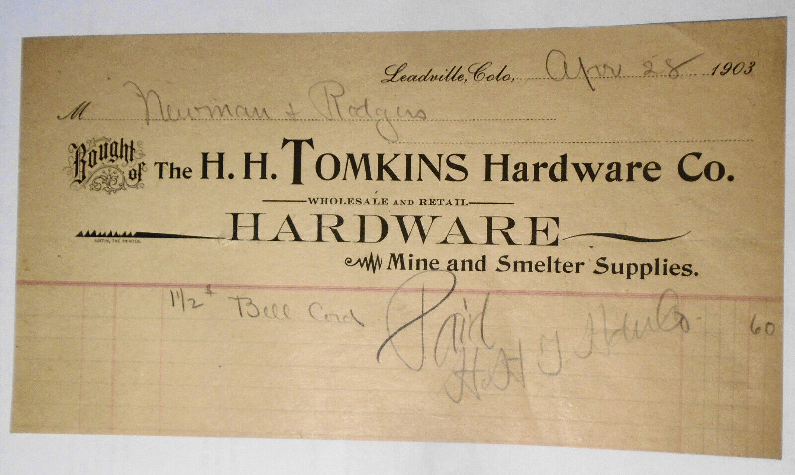 1903 H. H. Tomkins Hardware... Mine and Smelter ... receipt , Leadville Colorado