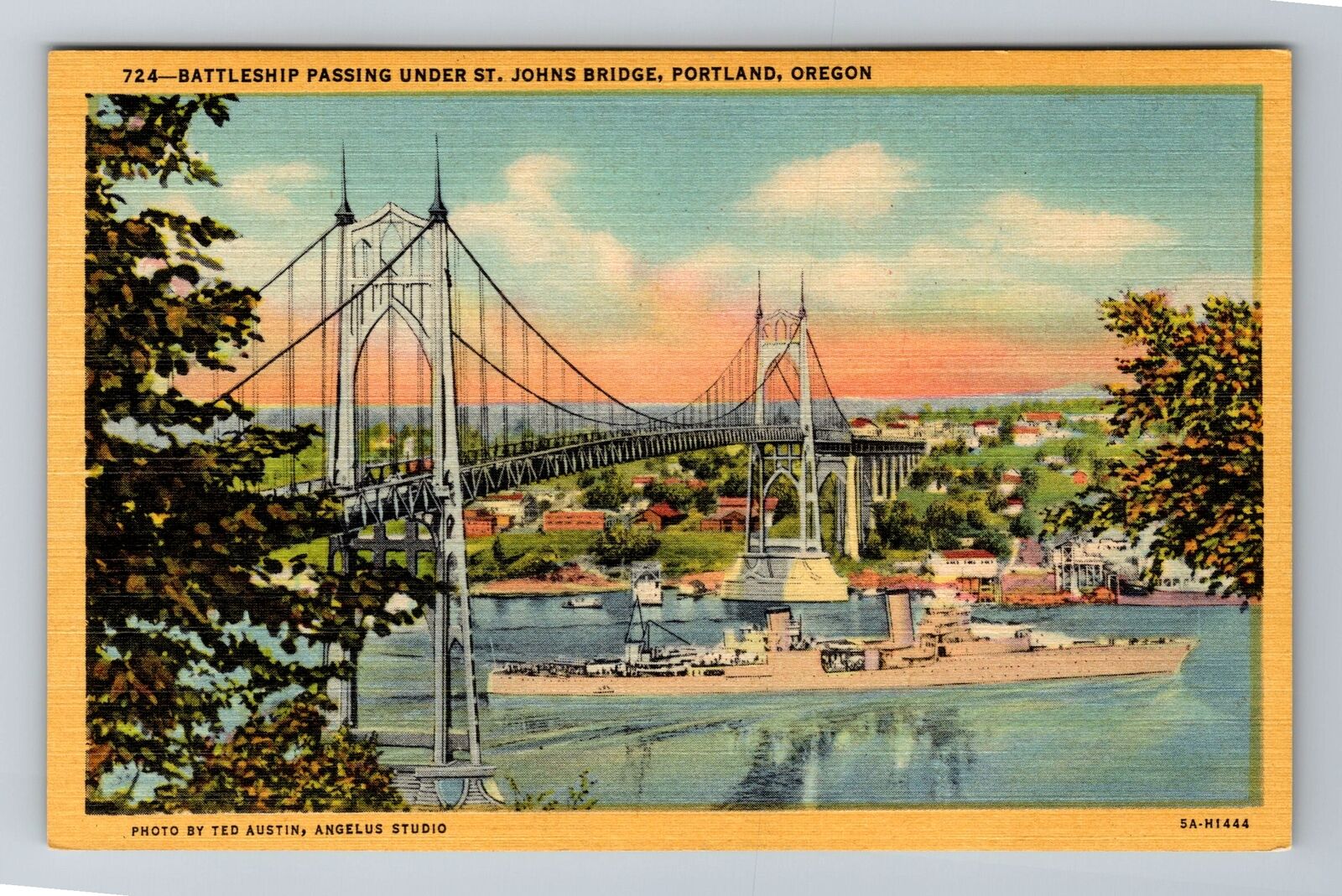 Portland OR-Oregon, Battleship Passing Under St Johns Bridge, Vintage Postcard