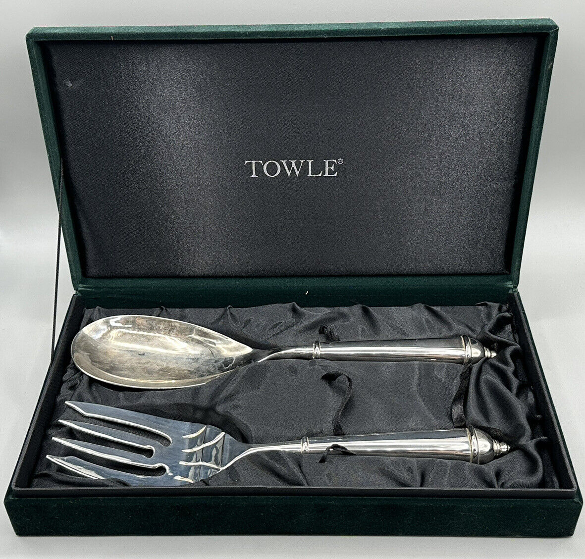 1999 Towle Silversmiths Large Salad Fork & Spoon With Green Velvet Case Vintage