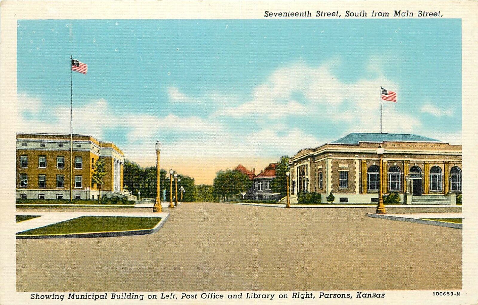c1940 Seventeenth Street South From Main, Parsons, Kansas Postcard