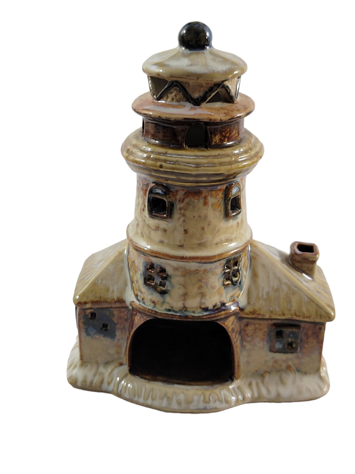 Lighthouse Tea Light Candle Holder Brown Earthtones Glazed Ceramic 7\
