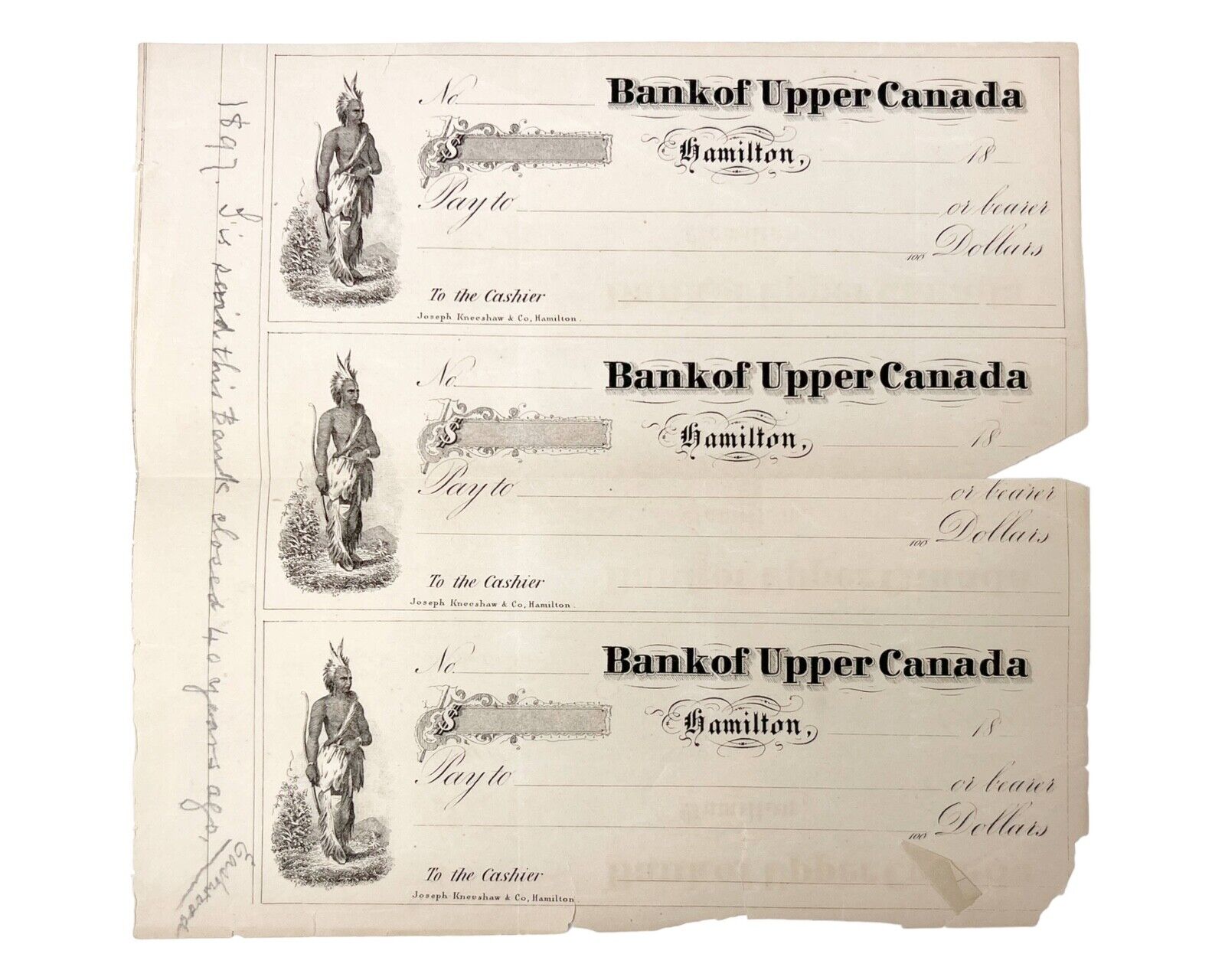 Rare Antique 1850s Bank Of Upper Canada Hamilton Checks Blank Cheque
