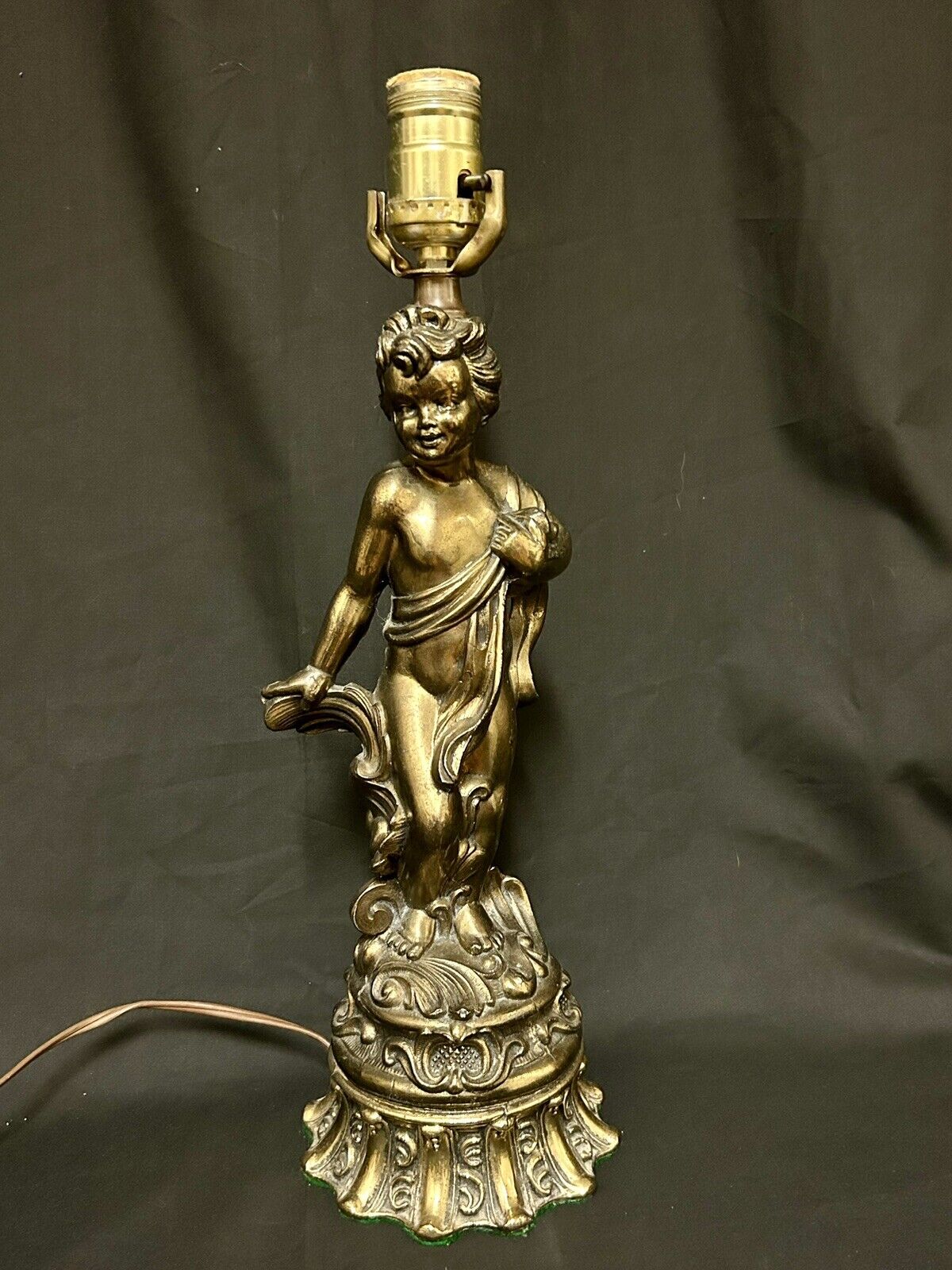 Antique Bronze Gold Cherub Table Lamp, Vintage Rococo, 13” plus