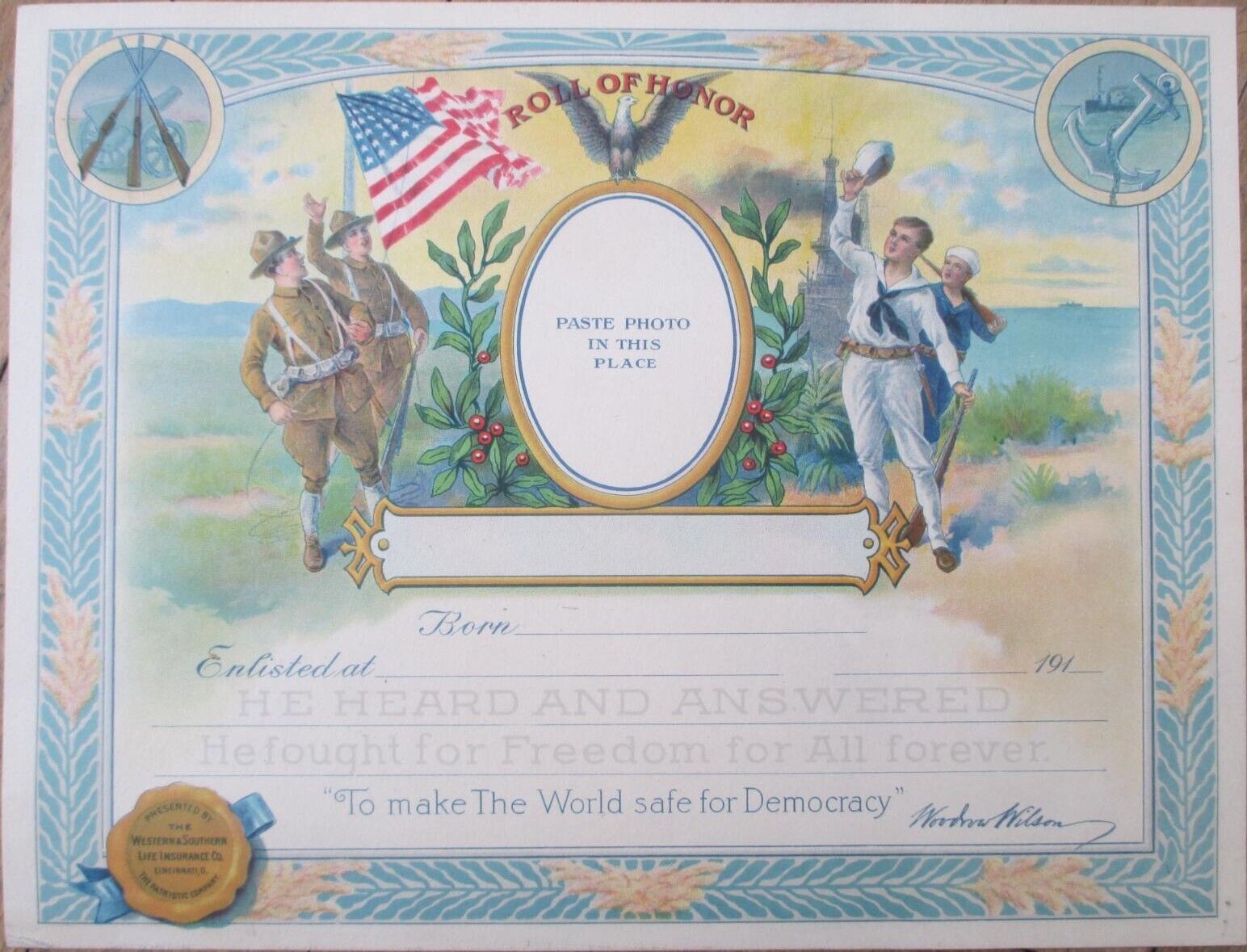 WWI US American Armed Forces 1915 Certificate, Western Southern Life INsurance