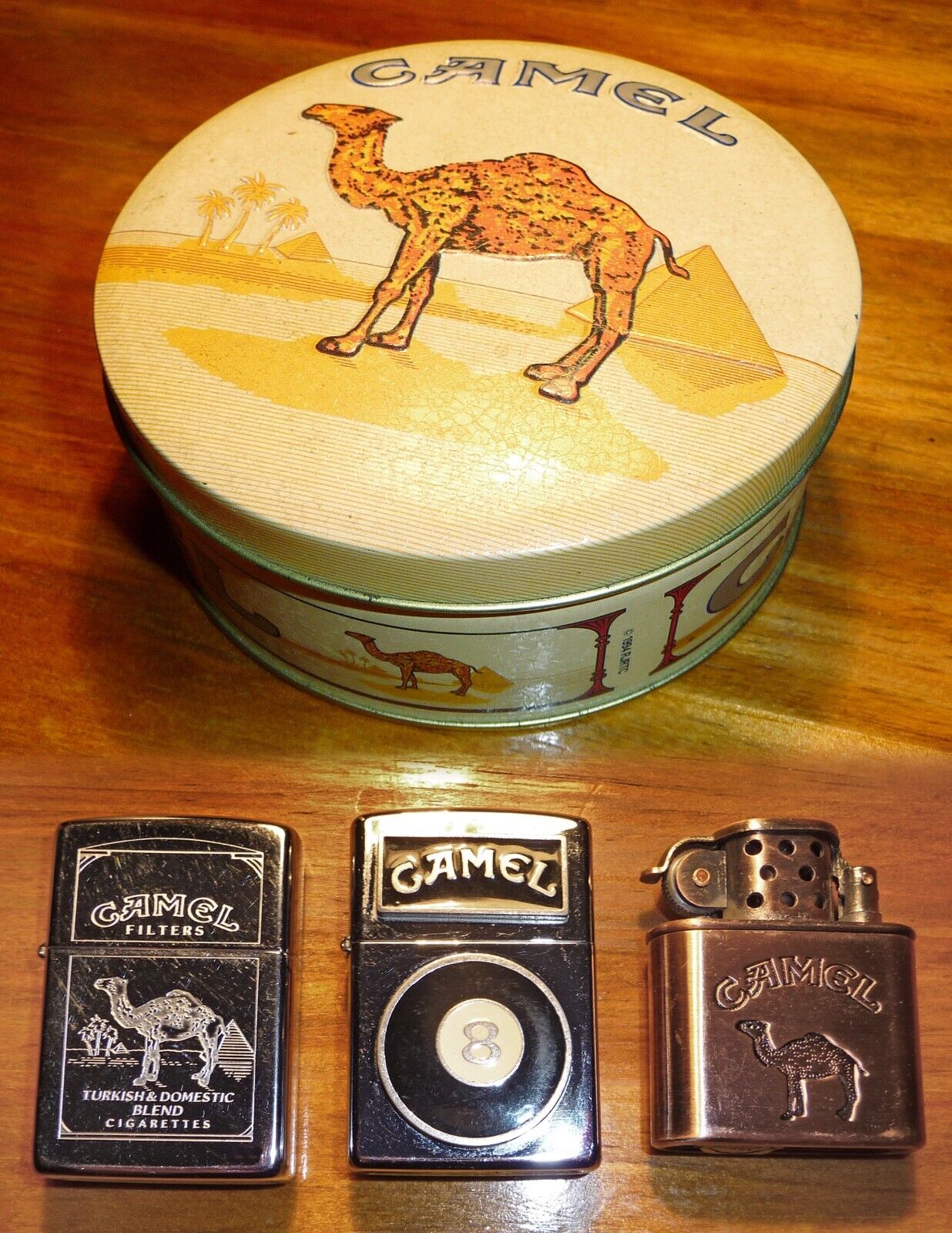 Lot of 3 Vintage Camel Cigarette Lighters with Tin