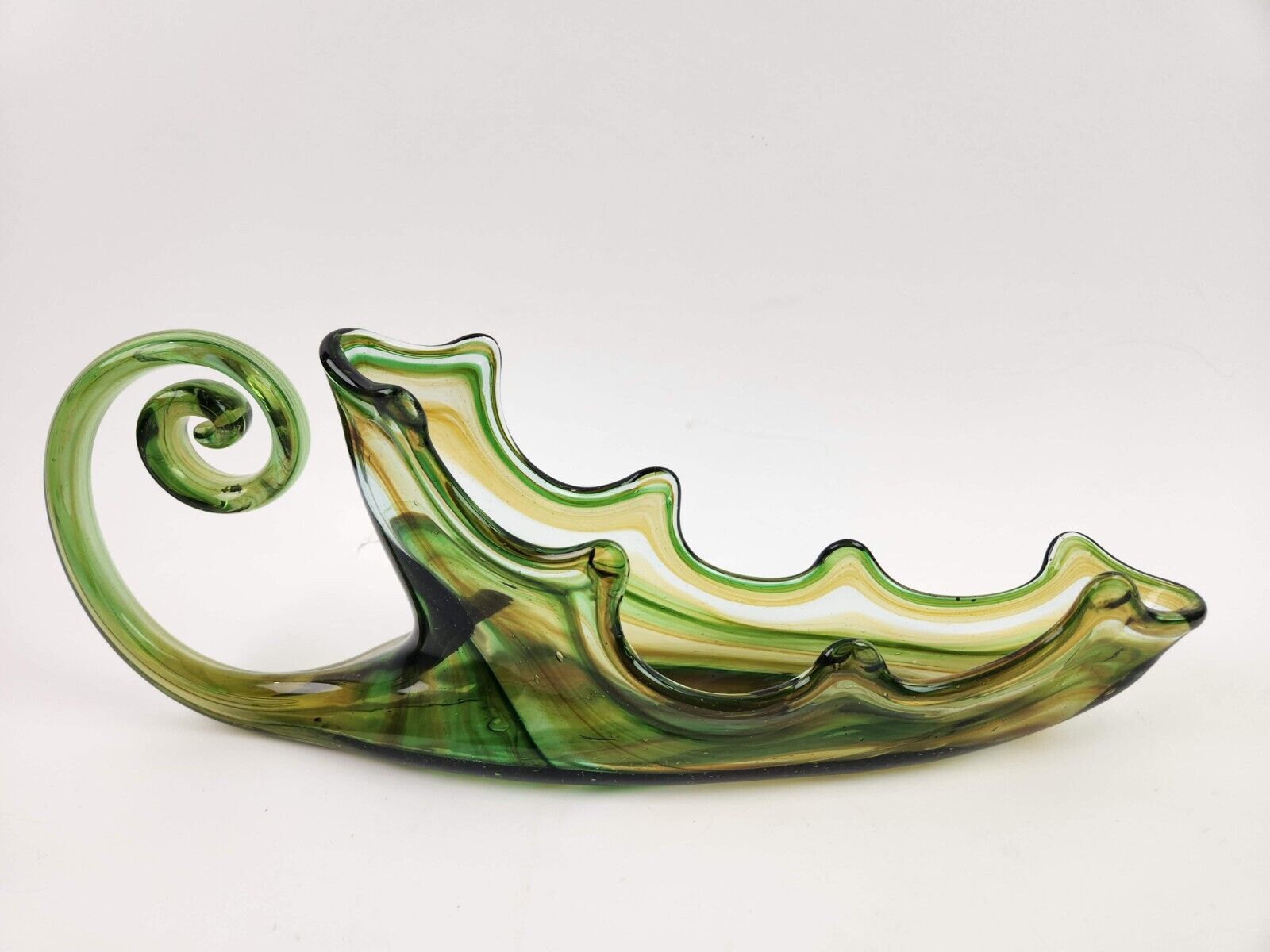 Hand Blown Green & Brown Sooner Glass Style Swirl Sleigh Cornucopia Mod Vintage