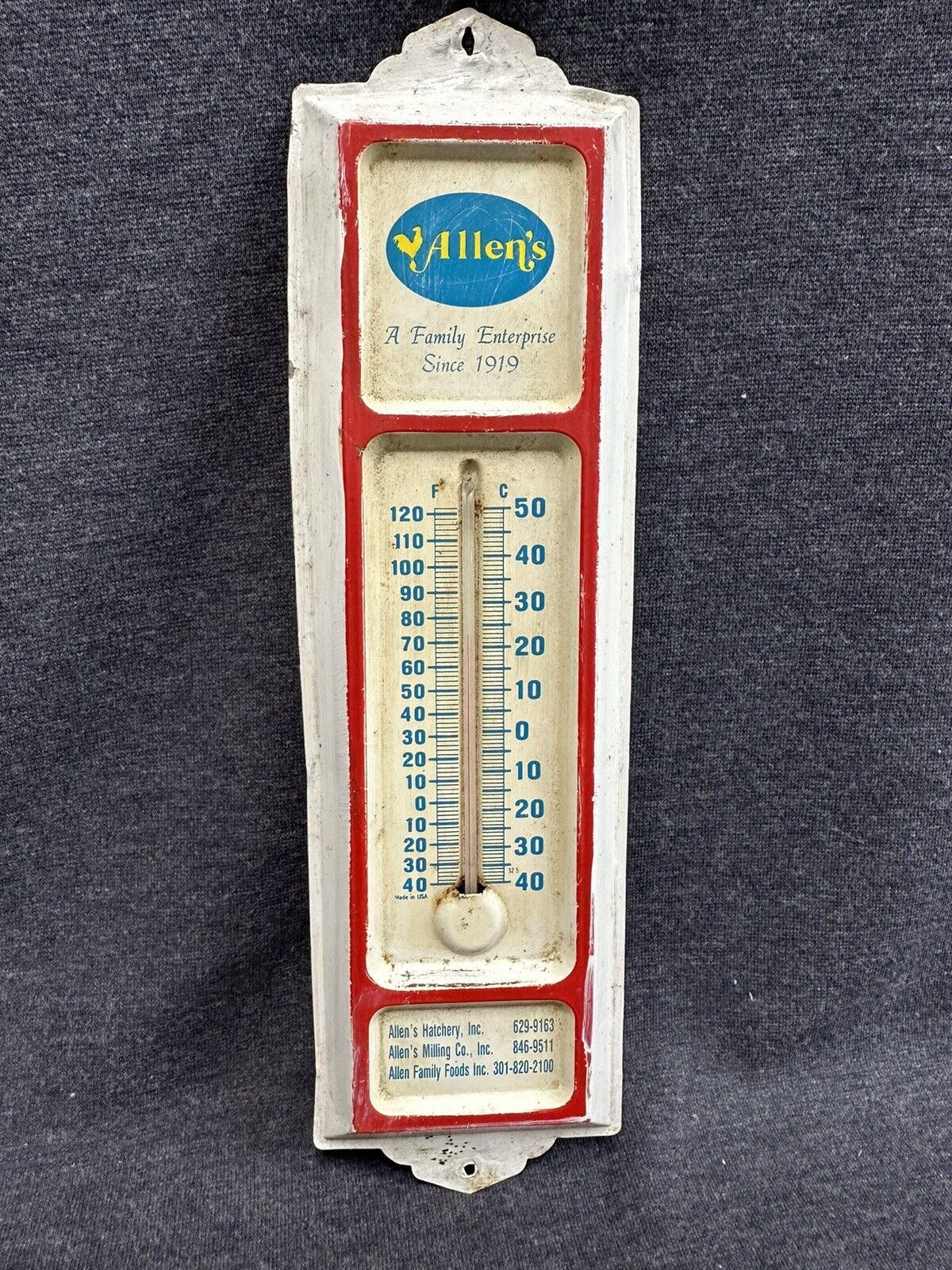 Vtg Advertising Thermometer - Allen’s Family Enterprise Since 1919 Pennsylvania
