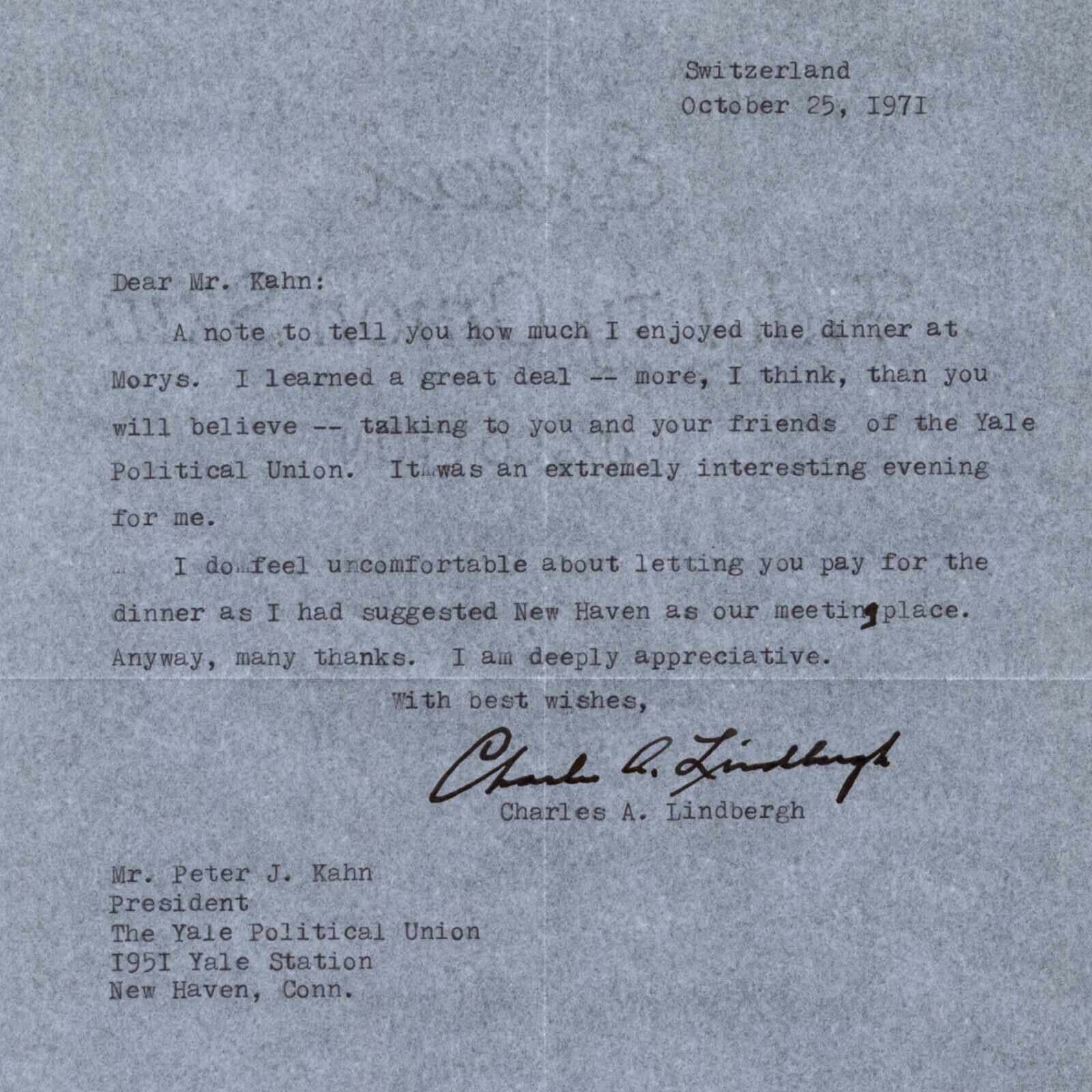 Charles Lindbergh ~ Signed Autographed Typed Letter ~ PSA DNA