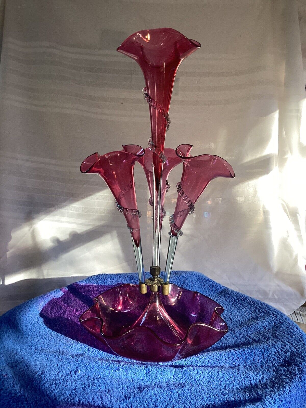 Vintage Victorian Cranberry Rigaree Glass Epergne Centerpiece, 21 Inches Tall