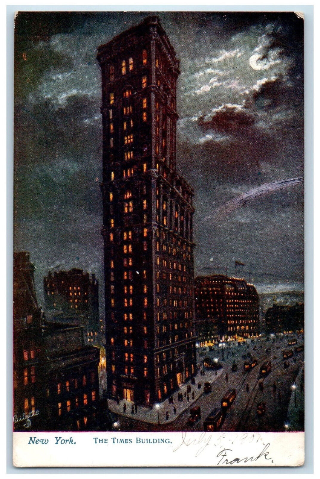 1907 The Times Building at Night New York NY Oilette Tuck Art Antique Postcard